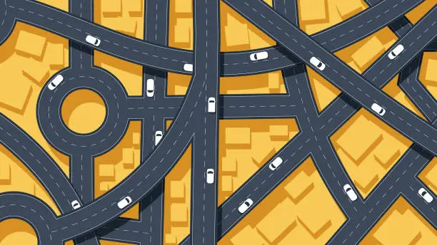 Vector illustration of Traffic intersection from top view with cars. Concept vehicle with road and crossroad. Generic city map with signs of streets, roads. Abstract navigation plan of small urban area. Vector illustration