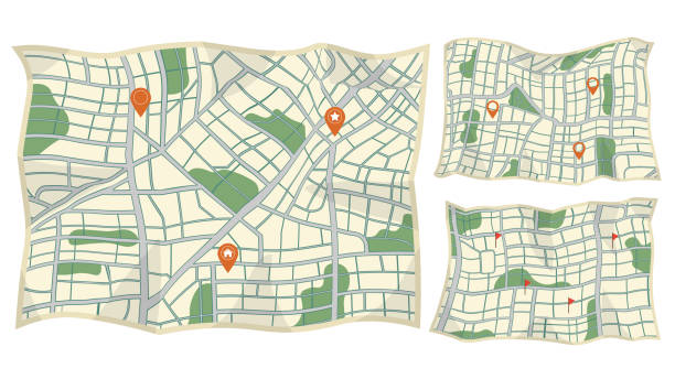 istock Set pf paper map with red points. Local street gps navigate. City route navigation to marker. Geography distance plan. Vector illustration on white background 2148932536