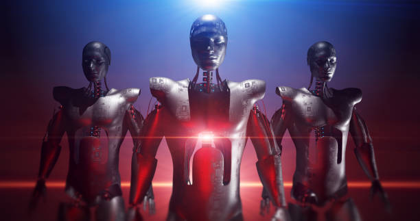 istock Armed Powerful Fearless AI Robots Confidently Walking To The Camera. 2148934089