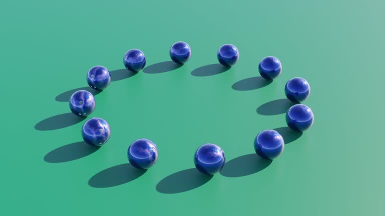 Geometric 3D Design: Rotating Circle of 12 Bowling Balls on Green Surface