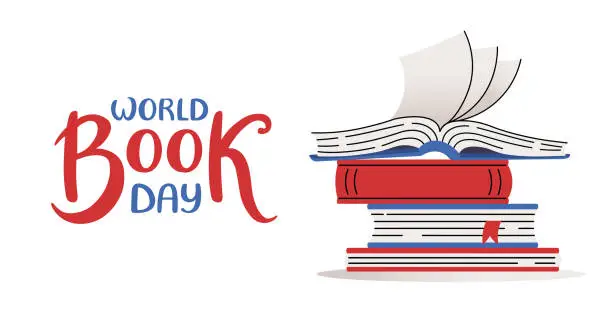 Vector illustration of World Book day web banner. Open book stack. Invitation background for readers. Hand drawn lettering.