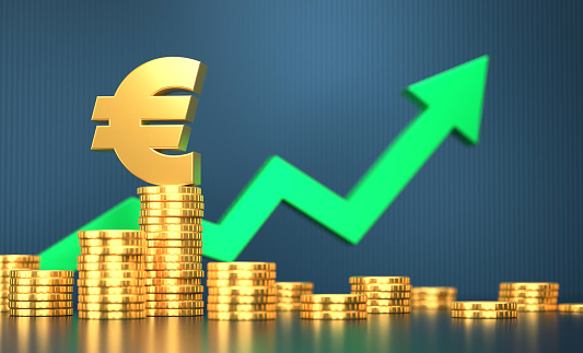 Euro Sign On The Coins And Success Arrow. Finance And Economy Concept.