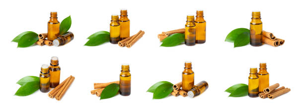 istock Cinnamon aromatic essential oil and cinnamon sticks isolated on white background. Aromatherapy. Organic cosmetic oil. Spa concept. 2148936936