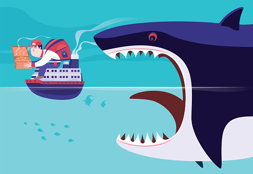 vector illustration of courier riding cruise ship and delivering cartons of pizzas but big shark approaching