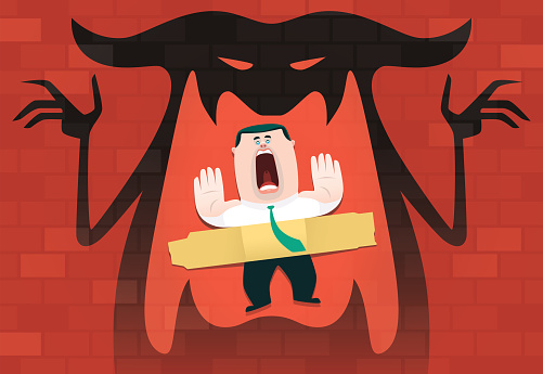 vector illustration of businessman being taped on wall with angry devil shadow