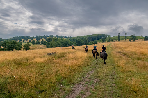 Nicklasmarkt, Gheorgheni, Romania - July 23, 2023: Horseback riding in the carpathian landscape
