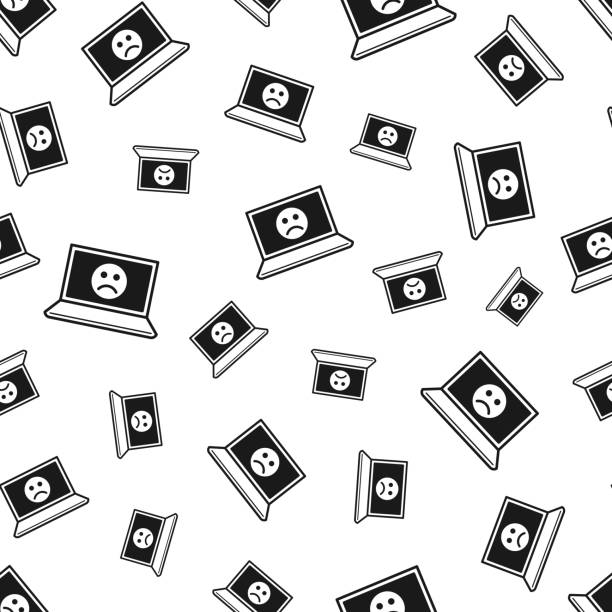 Laptop with sad emoji. Seamless pattern. Icons on white background Seamless pattern with a icon of "Laptop with sad emoji". Black icon isolated on a blank background. Vector Illustration (EPS file, well layered and grouped). Easy to edit, manipulate, resize or colorize. Vector and Jpeg file of different sizes. background of the sad face black and white stock illustrations