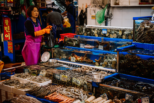 Crabs and different seafood on sale at Noryangjin Fish Market in Seoul, South Korea.