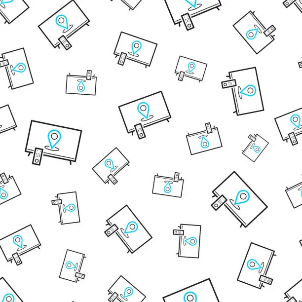 Vector illustration of TV with location pin. Seamless pattern. Line icons on white background