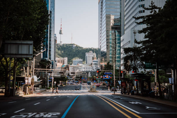 View of evening streets in the centre of Seoul, South Korea.