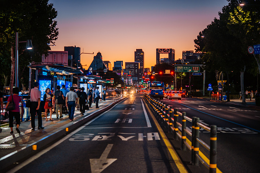 View of the evening streets in Seoul, South Korea.