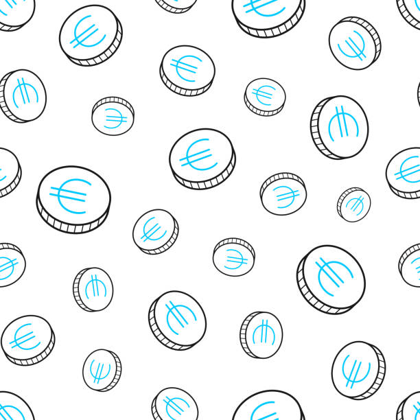 Euro coin. Seamless pattern. Line icons on white background Seamless pattern with a icon of "Euro coin". Black and blue line icon isolated on a blank background. Vector Illustration (EPS file, well layered and grouped). Easy to edit, manipulate, resize or colorize. Vector and Jpeg file of different sizes. background of a euro coins stock illustrations