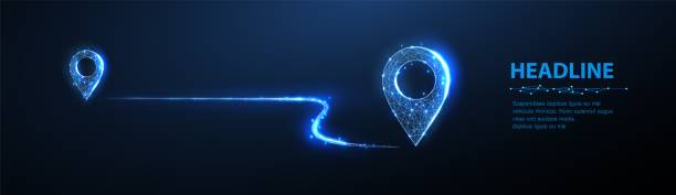 istock Two pin icons with move path. New office location, change business address, relocate store or shop, change site address concept 2148938859