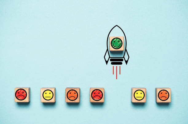 istock Smile face icon inside rocket missile rising from sad face icon for customer excellent experience evaluation feedback and survey after use product and service concept. 2148939272