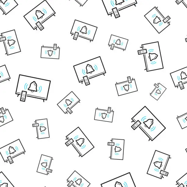 Vector illustration of TV with ringing bell - Notification. Seamless pattern. Line icons on white background