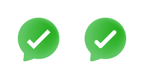 Checkmark symbol with speech bubble. Green approvement icon or emblem.