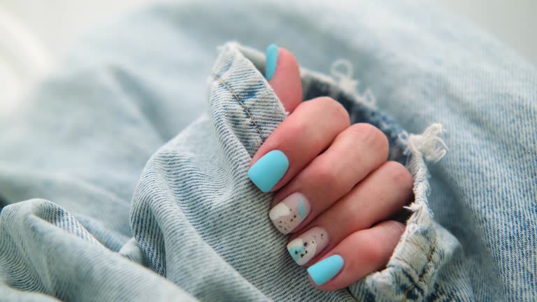 Beautiful Summer Manicure. Nail Design With Blue Pattern.