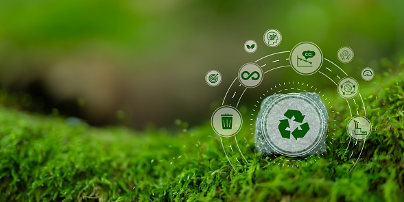 Recycling, zero waste, waste management concept. Carbon neutral, net zero. Sustainable chain Reuse Reduce Recycle symbol in value and supply chains. Environmental protection on conscious consumption.