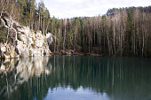 Blue mountain lake with rocky cliffs and dense forest