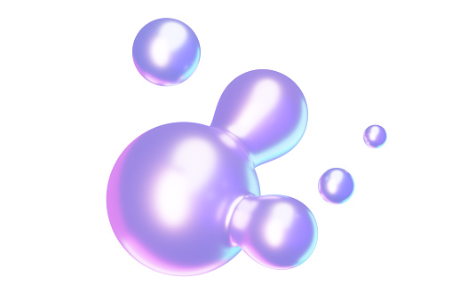 Abstract 3d round metaball liquid shape with holographic effect. Render illustration fluid circular blob bubble with metallic surface and purple and pink iridescent color. Drop geometric figure.