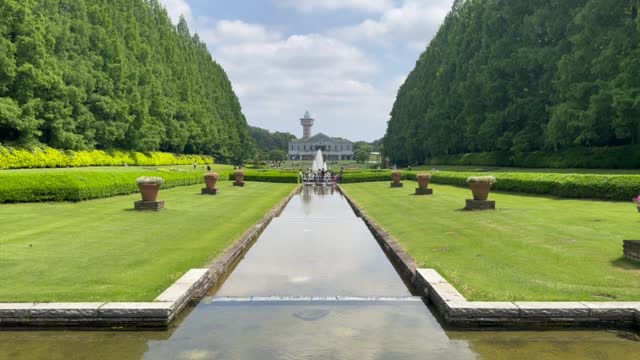 Symmetrical Public Park with Fountain: Symmetricality in Nature's Beauty Flowers, Plants