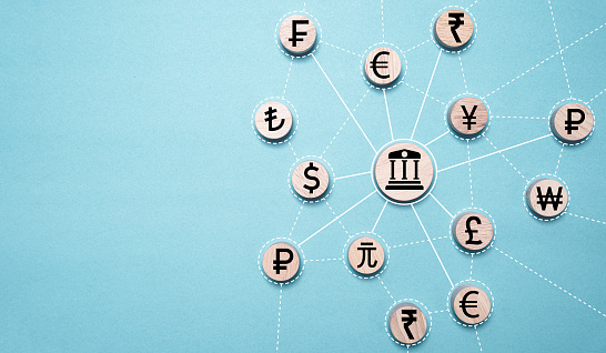 Central bank icon linkage connection with currency symbol include Dollar Euro Yuan Yen Pound sterling Ruble Rupee for currency exchange and money transfer concept.