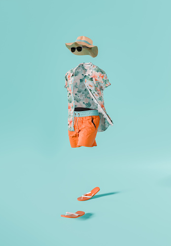 Invisible character dressed in a floral shirt, orange shorts, straw hat, and sunglasses, with flip-flops on an aqua background. Summer and relaxation concept. 3d rendering
