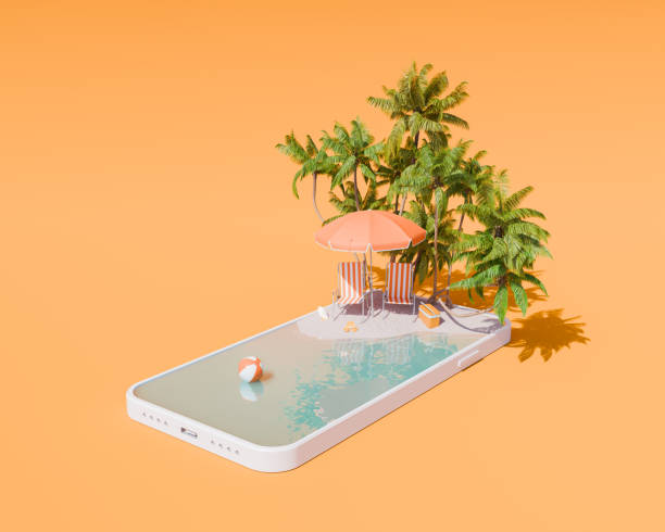 istock Smartphone with Tropical Island Concept on Orange Background 2148943092