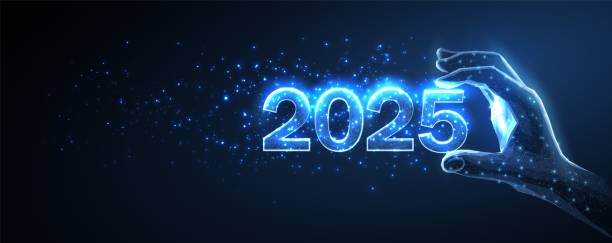 istock Numbers 2024 in digital hand. New year blue background. 2148943268