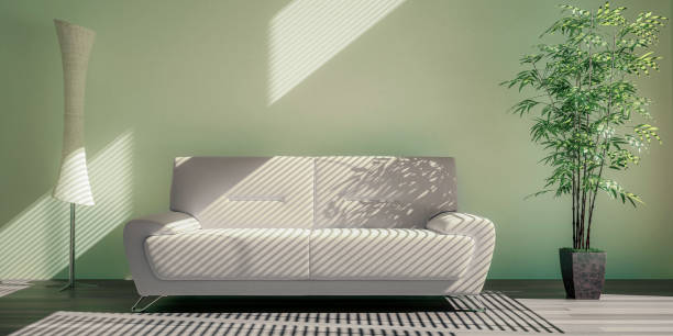 istock Sunny interior with fashionable sofa, electric lamp and plant decor  3D visualizations 2148943442