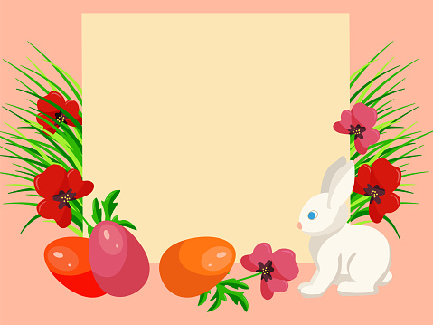 Frame decorated with colored eggs, Easter bunny, grass and red poppies on peach background. Copy space. Vector illustration for banner, poster, shop window.