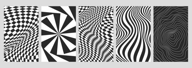 Y2K psychedelic checkerboard posters with retro checkered seamless grid tile pattern Set of warped checkerboard posters with distorted swirl and checkered texture. Trendy vector chessboard backgrounds in retro y2k psychedelic style. Seamless geometric pattern with grid tile, wavy line abstract illusion stock illustrations