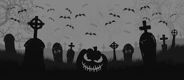 Halloween pumpkin and bats at cemetery. Happy Halloween banner 3D illustration.