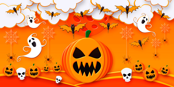 Happy Halloween. Jack 'O Lantern, bats, ghosts, spiders and skulls in spooky night with full moon 3D illustration.
