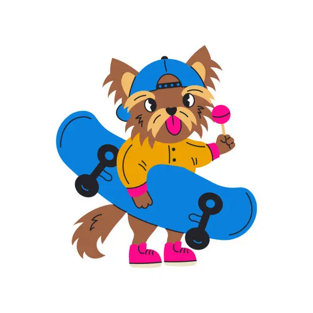 Vector illustration of Yorkshire terrier dog holding skateboard 90s style