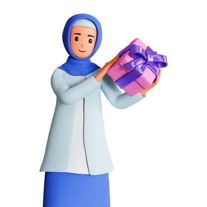 Festive concept with standing young muslim woman character in hijab holding gift box with ribbon and bow