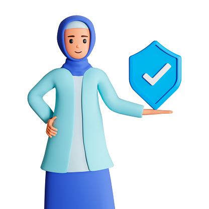 Cyber security concept with 3d woman character holding shield with check mark