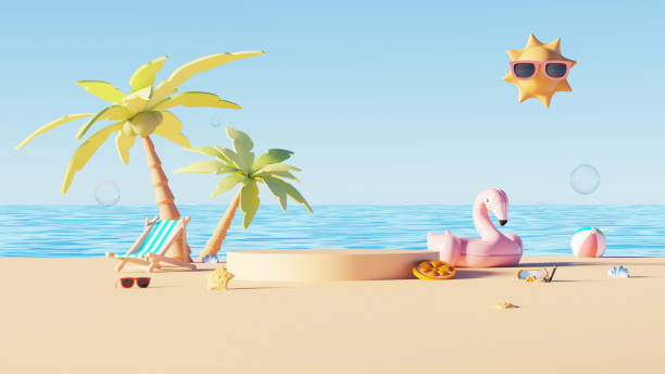 istock 3D render, minimal Summer background with empty podium or pedestal platform for showing product, cosmetic scene for mock up, beach swim elements decoration. 2148945050