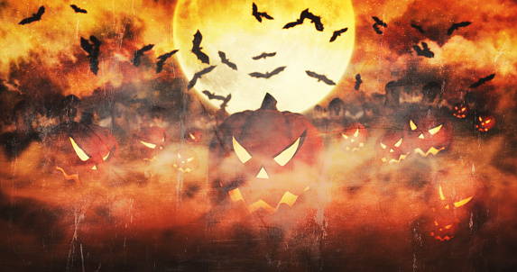Halloween Pumpkins At The Cemetery Rising From The Mist With Clouds and The Moon In The Background 3D illustration