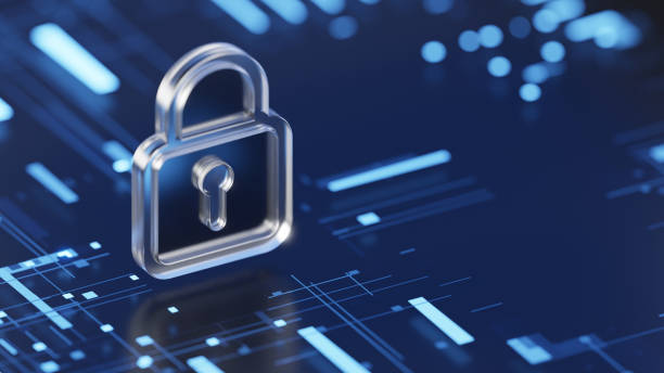 istock Digital security and data safety concept. Closed lock, glossy 3d symbol on abstract digital background 2148945711