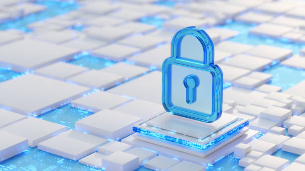 istock Network security and data safety concept. Closed lock, glass 3d icon on abstract geometric background as symbol of data server or computer network 2148945751