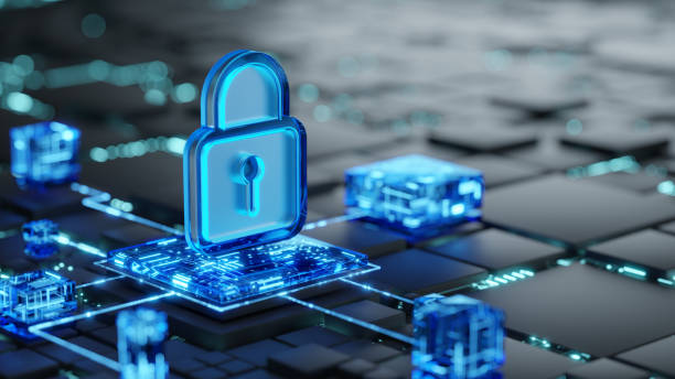 istock Network security and data safety concept. Shield, glass 3d icon on abstract dark geometric background as symbol of data server or computer network 2148945774