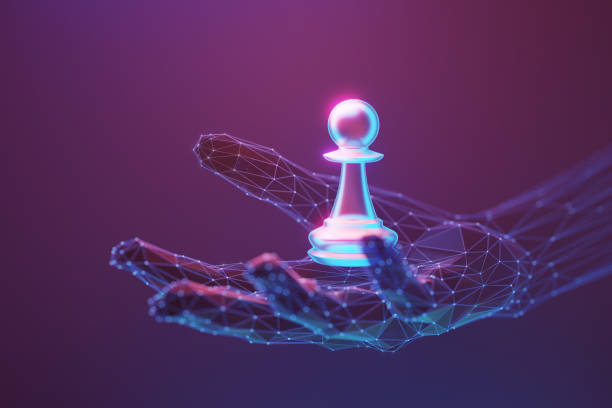 istock Opportunity concept. Pawn chess peace on the abstract human hand made with atom array and plexus effect. Neon lighting, selective focus 2148945851