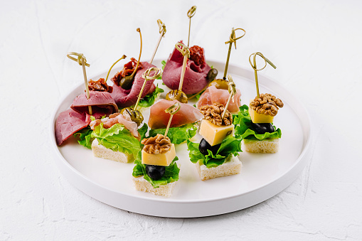 Canapes on a buffet table.