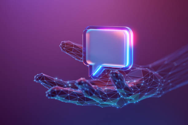 istock Chatbot and online support concept. Message 3d icon on the abstract human hand made with atom array and plexus effect. 2148946057