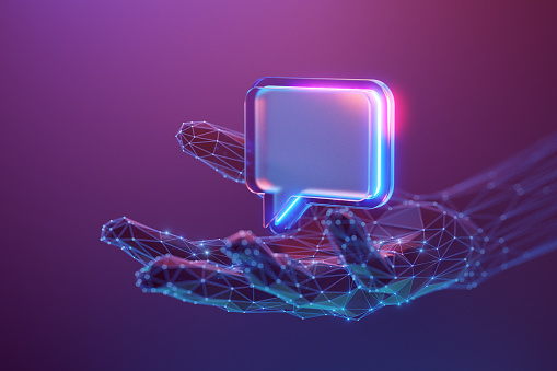 Chatbot and online support concept. Message 3d icon on the abstract human hand made with atom array and plexus effect.