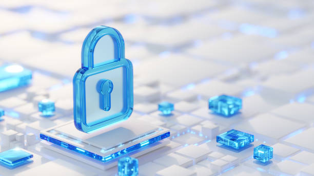 Network security and data safety concept. Closed lock, glass 3d icon on abstract geometric background as symbol of data server or computer network