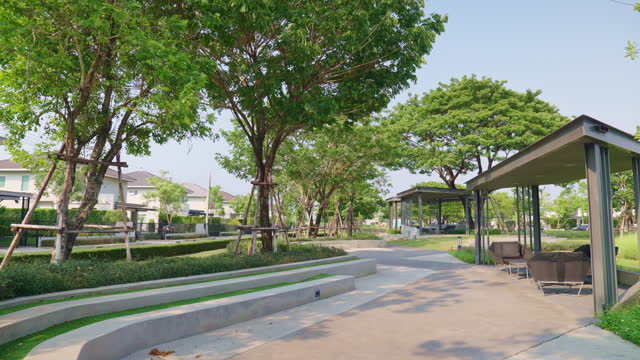 Serene Park Landscape with Modern Resting Area