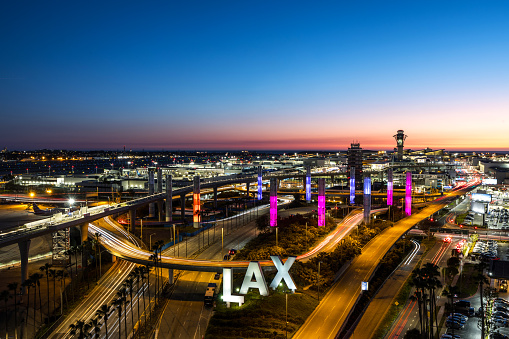 Los Angeles, California, USA - April 7, 2024: Overview of the Los Angeles International Airport. Captured from above after sunset.