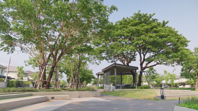 Urban Park with Modern Pavilion and Mature Trees